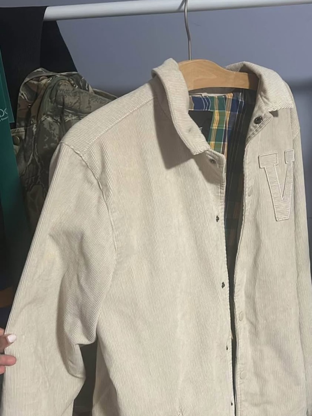 Vans Cream Corduroy Bomber Jacket with Plaid Lining